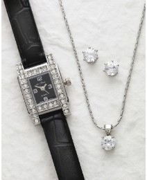 Black Strap Watch & Jewellery Set