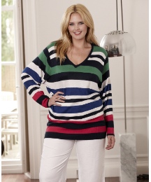 V-Neck Fine Knit Striped Sweater