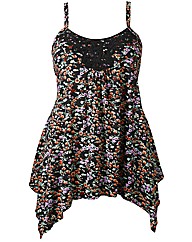 Print Asymmetric Lace Trim Camisole