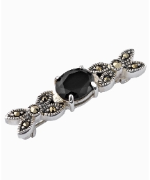 Silver-Plated Onyx & Marcasite Brooch