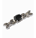 Silver-Plated Onyx & Marcasite Brooch