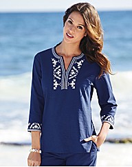 Woven Notch Neck Top With Embroidery
