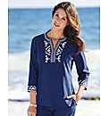 Woven Notch Neck Top With Embroidery