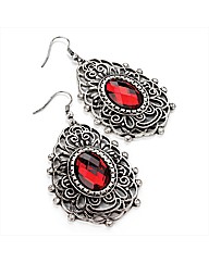 Silver Coloured Red Bead Oval Earrings
