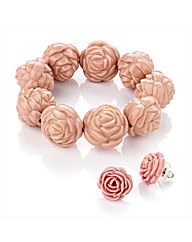 Pink Flower Beaded Bracelet and Earrings